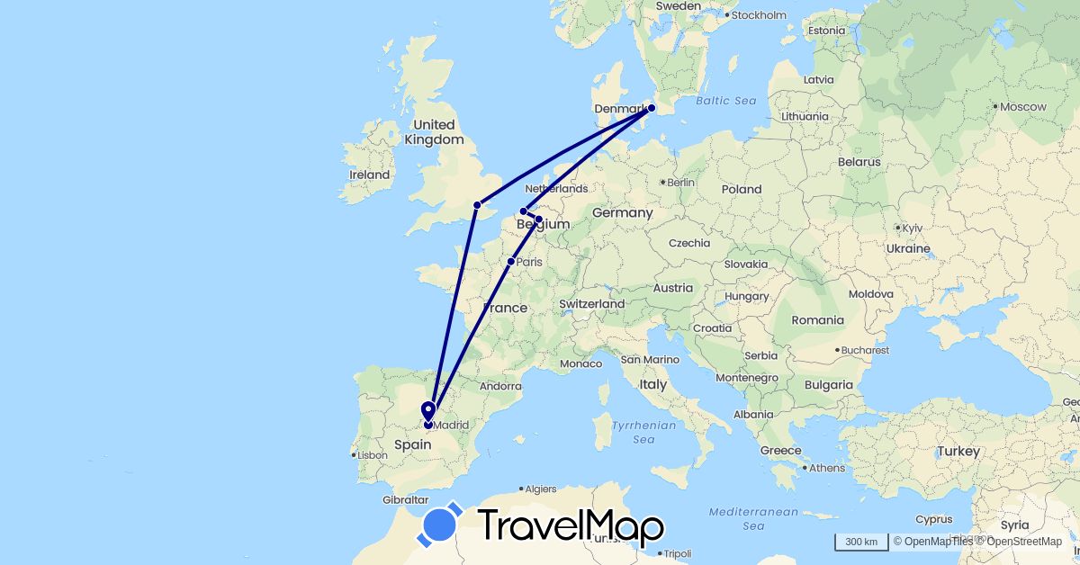 TravelMap itinerary: driving in Belgium, Denmark, Spain, France, United Kingdom (Europe)